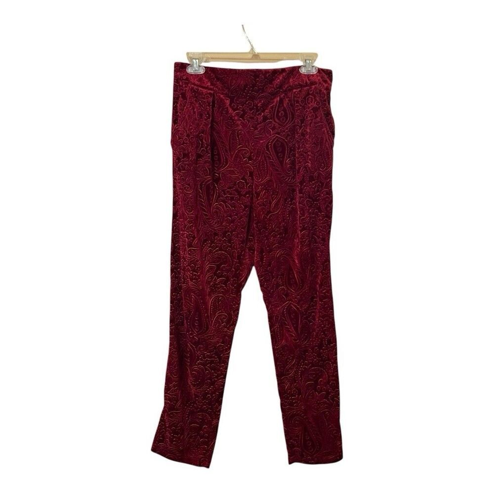 Free People Womens Size Small High Rise Velvet Embossed Paisley Burgundy Pants